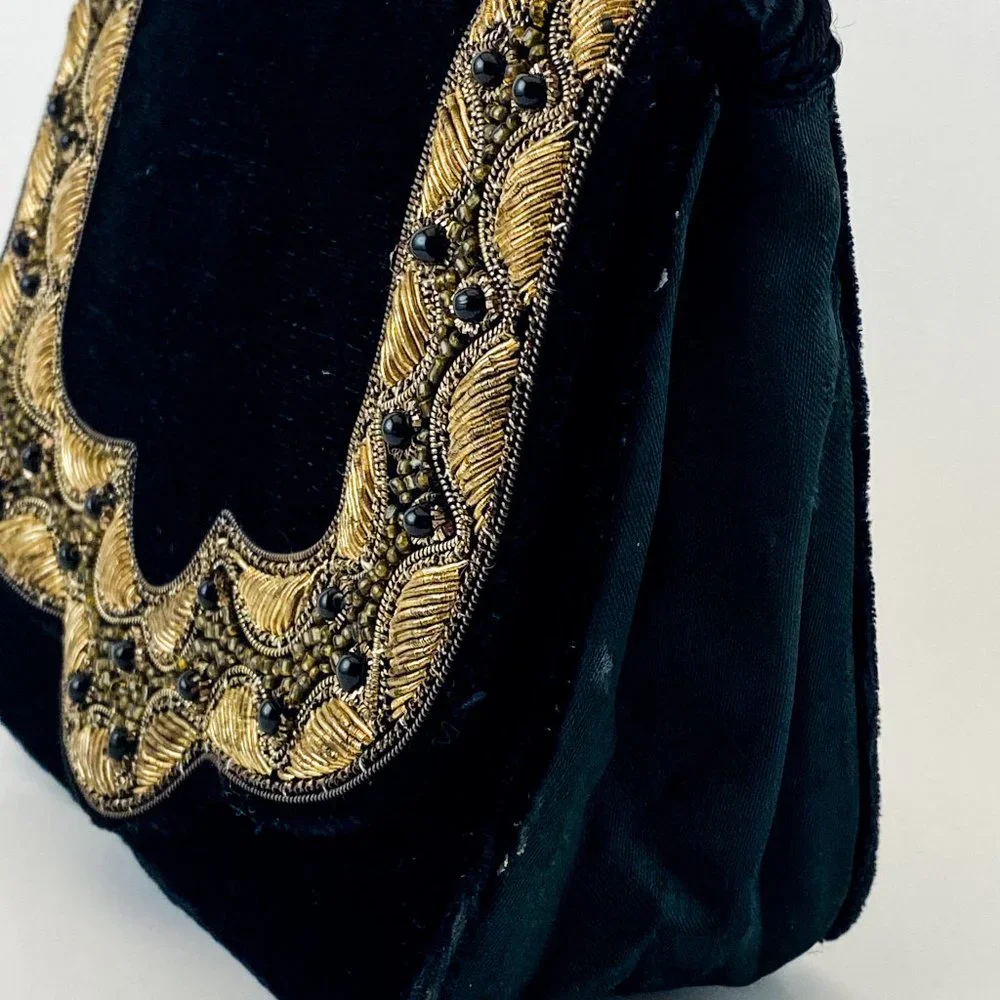Black Velvet Boho Clutch Gold Embroidered Handbag - Picture 3 of 4
